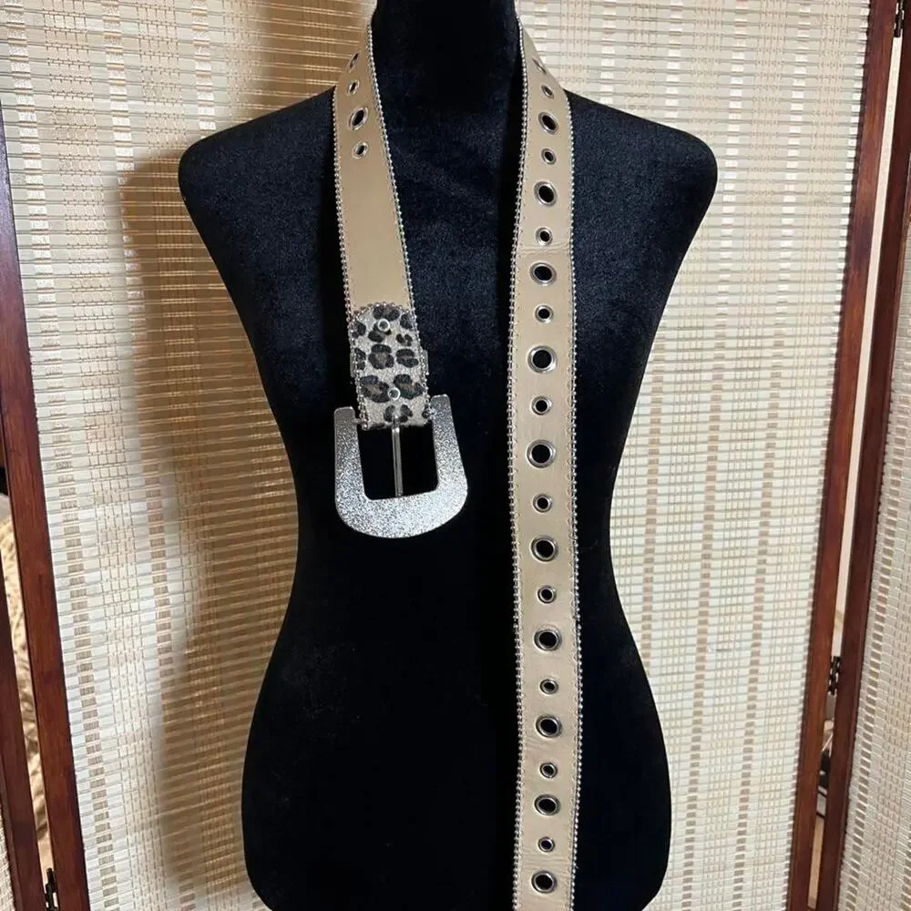 Leopard Print Rhinestone Western Belt Faux Leather M/L